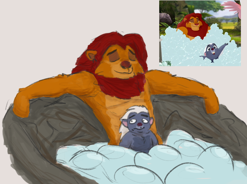 anthro badger bathing bevvy_fischer bubble bunga convenient_censorship disney duo felid grey_body hair honey_badger lion male male/male mammal multicolored_body mustelid musteline nude on_lap orange_body pantherine red_hair scared screencap simba sitting_on_lap size_difference spread_arms the_lion_guard the_lion_king two_tone_body white_hair young