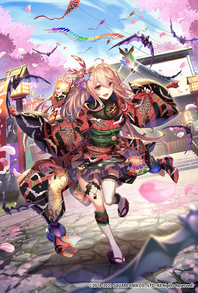 1girl animal bat bat_wings cherry_blossoms clogs flag japanese_clothes kimono kite lantern long_hair looking_at_viewer new_year open_mouth pink_hair ponytail racket red_eyes romancing_saga_re;universe shrine solo teeth tef temple thighhighs twintails vampire white_legwear wings