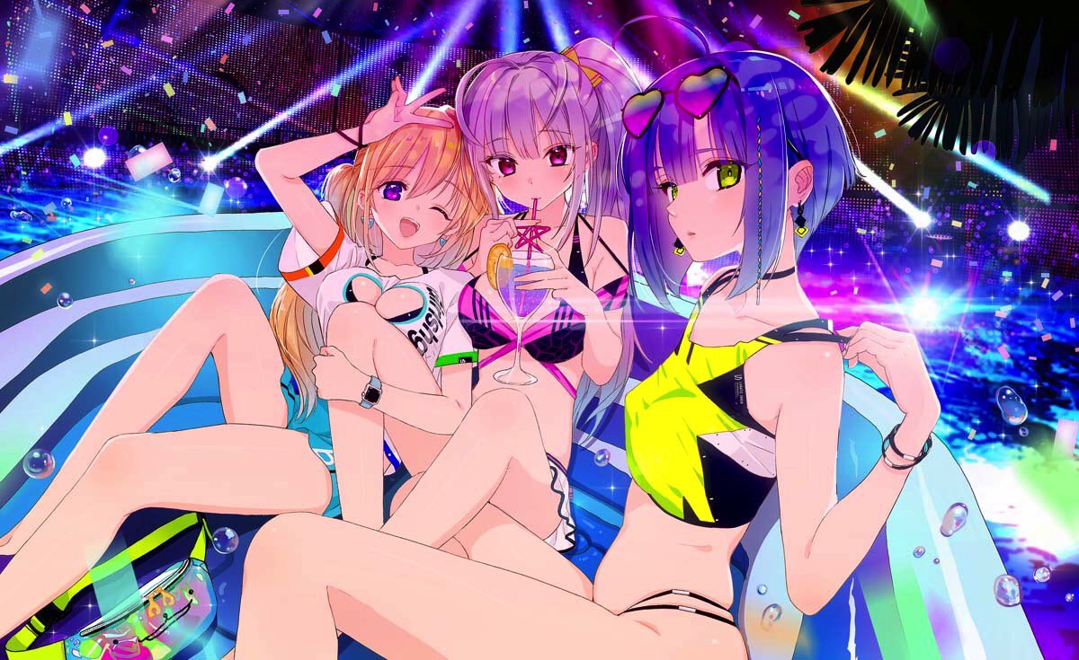 3girls bangs blonde_hair blue_eyes blue_hair blush breasts cup drinking_glass drinking_straw drinking_straw_in_mouth earrings eyebrows_visible_through_hair hair_ornament jewelry looking_at_viewer multiple_girls one_eye_closed open_mouth original pink_hair poolside sitting smile swimsuit thighs tsukigami_runa watch water_drop wristwatch