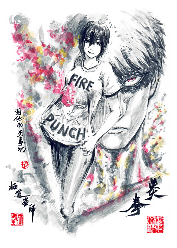 1boy 1girl agni_(fire_punch) breasts chinese_commentary chinese_text closed_mouth cowboy_shot fire fire_punch glaring greyscale hair_between_eyes ink_wash_painting kyokugen_no_michi lips looking_at_viewer medium_breasts monochrome pants red_eyes shirt shirt_tug short_hair short_sleeves simple_background smile smoke spot_color stamp t-shirt togata_(fire_punch) traditional_media transgender white_background