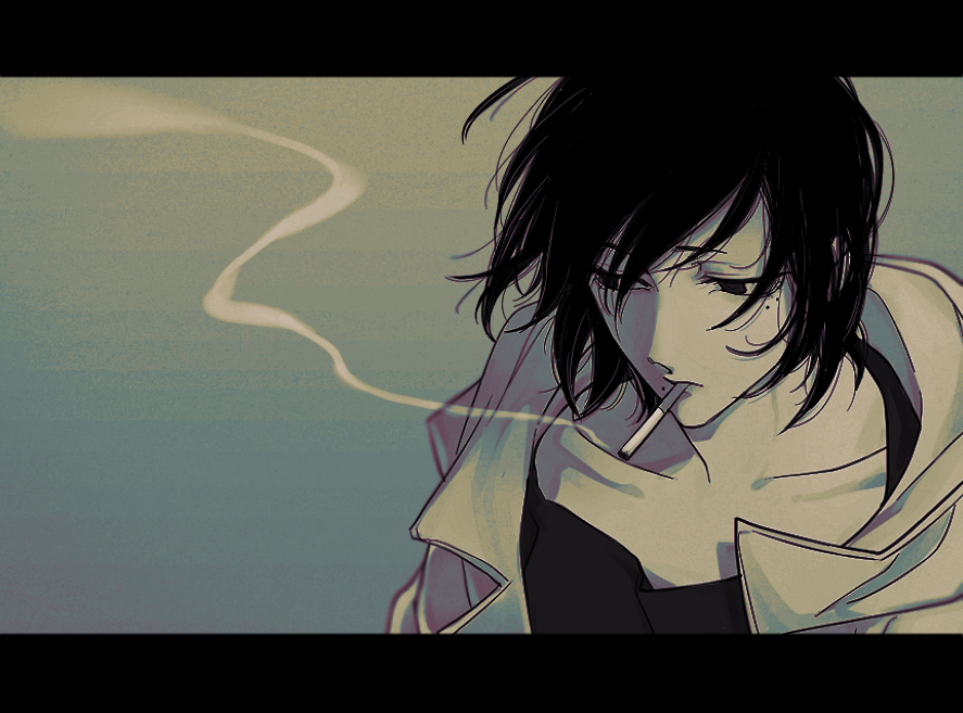 1girl black_eyes black_hair blue_background cigarette closed_mouth coat collarbone commentary expressionless fire_punch from_above gradient gradient_background hair_between_eyes letterboxed looking_down manige mole mole_under_eye mole_under_mouth open_clothes open_coat portrait shirt short_hair simple_background smoke smoking solo togata_(fire_punch) transgender