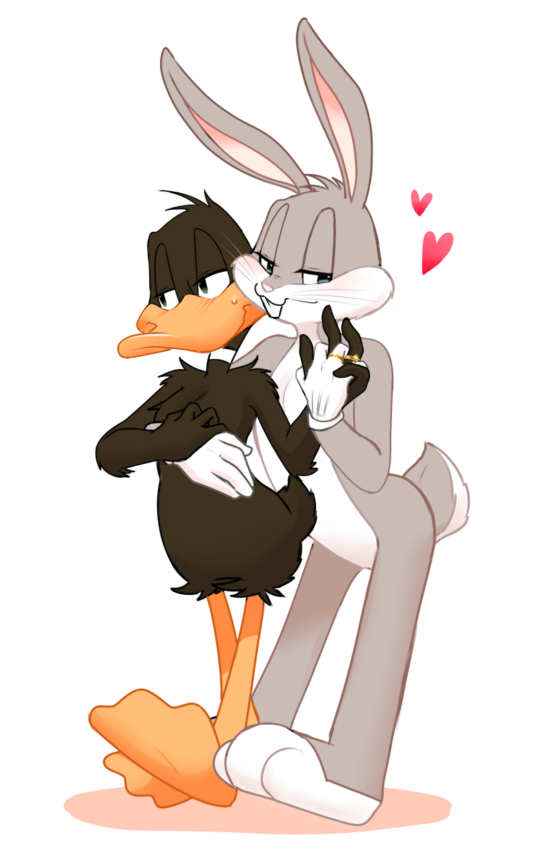 &lt;3 anatid anseriform anthro avian bird blush bodily_fluids bugs_bunny clothing daffy_duck digit_ring duck duo feathers fur gloves handwear hi_res husband jewelry lagomorph leporid looney_tunes male male/male mammal married_couple nervous rabbit ring simple_background smile sweat warner_brothers wedding_ring zehn