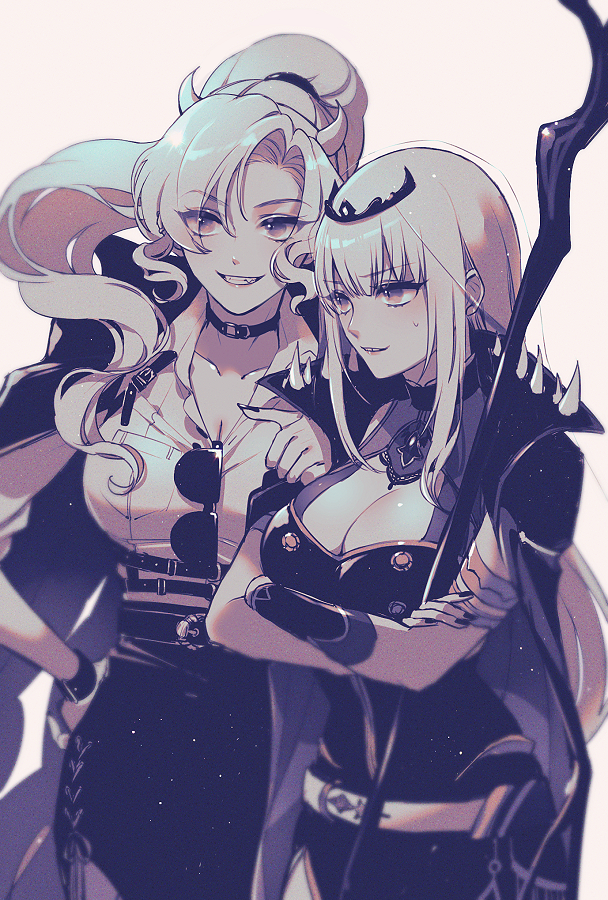 2girls armlet armor bangs belt black_belt blunt_bangs breasts chino_machiko choker cleavage coat coat_on_shoulders collar collarbone crossed_arms demon_girl demon_horns dress eyebrows_visible_through_hair eyes_visible_through_hair fangs grin hand_on_hip hololive hololive_english horns j-chad large_breasts long_hair monochrome mori_calliope multiple_girls parted_bangs parted_lips pointing ponytail scythe shoulder_armor side_slit simple_background skirt smile spikes standing sunglasses sweatdrop tiara veil very_long_hair virtual_youtuber white_background