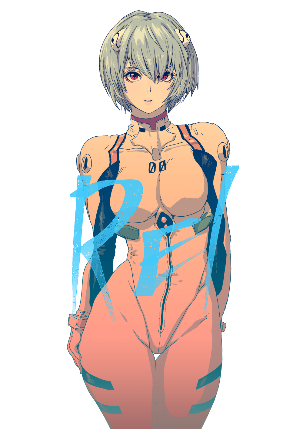 1girl ayanami_rei blue_hair breasts butcherboy character_name hair_between_eyes highres interface_headset looking_at_viewer medium_breasts neon_genesis_evangelion parted_lips plugsuit red_eyes short-haired_girl_(osomatsu-san) solo thigh_gap thighs white_background