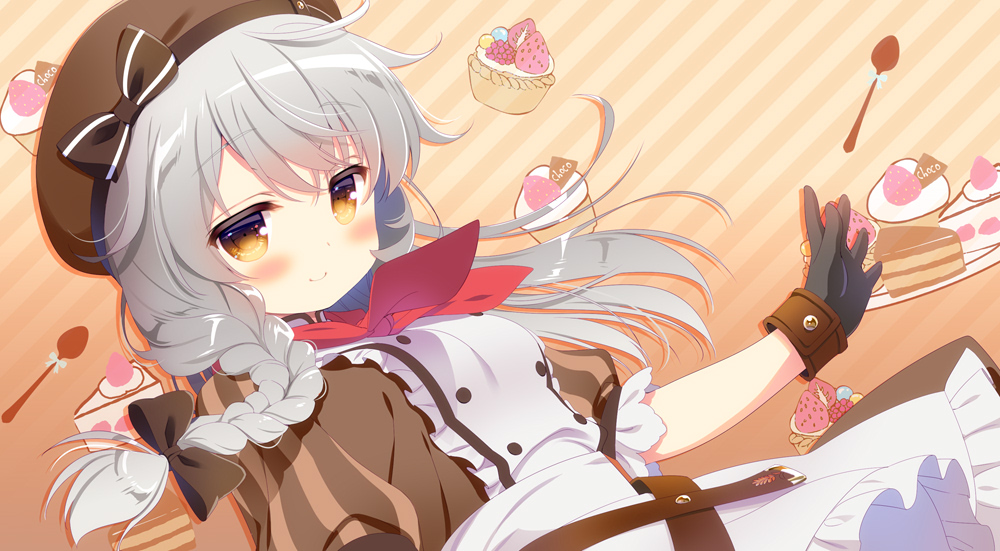 1girl apron bangs beret black_bow black_gloves blush bow braid breasts brown_dress brown_eyes brown_headwear cake cake_slice closed_mouth commentary_request diagonal_stripes dress dutch_angle eyebrows_visible_through_hair flower_knight_girl food frilled_apron frills gloves grey_hair hair_between_eyes hair_bow hat hat_bow komugi_(flower_knight_girl) long_hair medium_breasts neckerchief plate puffy_short_sleeves puffy_sleeves red_neckwear santa_matsuri short_sleeves smile solo spoon strawberry_shortcake striped striped_background striped_bow waist_apron white_apron