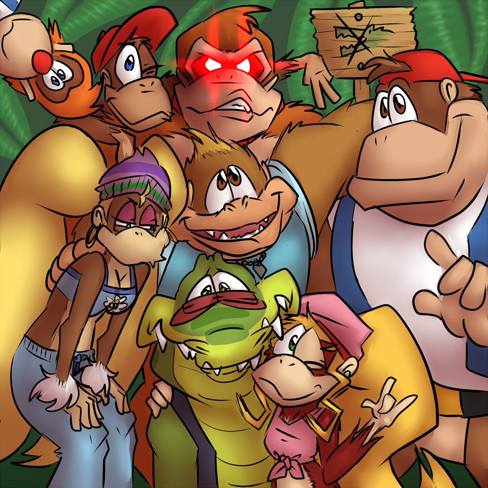 alligator alligatorid anthro ape barbary_macaque chunky_kong crocodile crocodilian crocodylid diddy_kong diddy_kong_racing dixie_kong donkey_kong_(character) donkey_kong_(series) female gorilla group haplorhine kiddy_kong kong kremling krunch_the_kremling lanky_kong male mammal monkey nintendo orangutan primate rare_ltd reptile scalie shesamonkey tiny_kong video_games