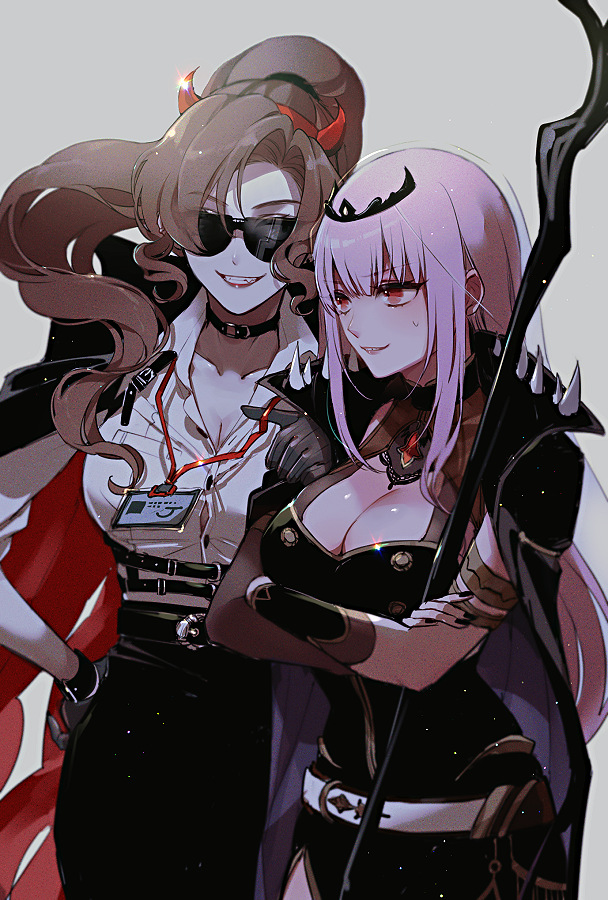 2girls armlet armor bangs belt black_belt blunt_bangs breasts brown_hair chino_machiko choker cleavage coat coat_on_shoulders collar collarbone crossed_arms demon_girl demon_horns dress eyebrows_visible_through_hair eyes_visible_through_hair eyewear_hang eyewear_removed fangs grey_background grin hand_on_hip hololive hololive_english horns j-chad large_breasts long_hair mori_calliope multiple_girls parted_bangs parted_lips pink_hair pointing ponytail red_eyes revision scythe shoulder_armor side_slit simple_background skirt smile spikes standing sunglasses sweatdrop tiara veil very_long_hair virtual_youtuber