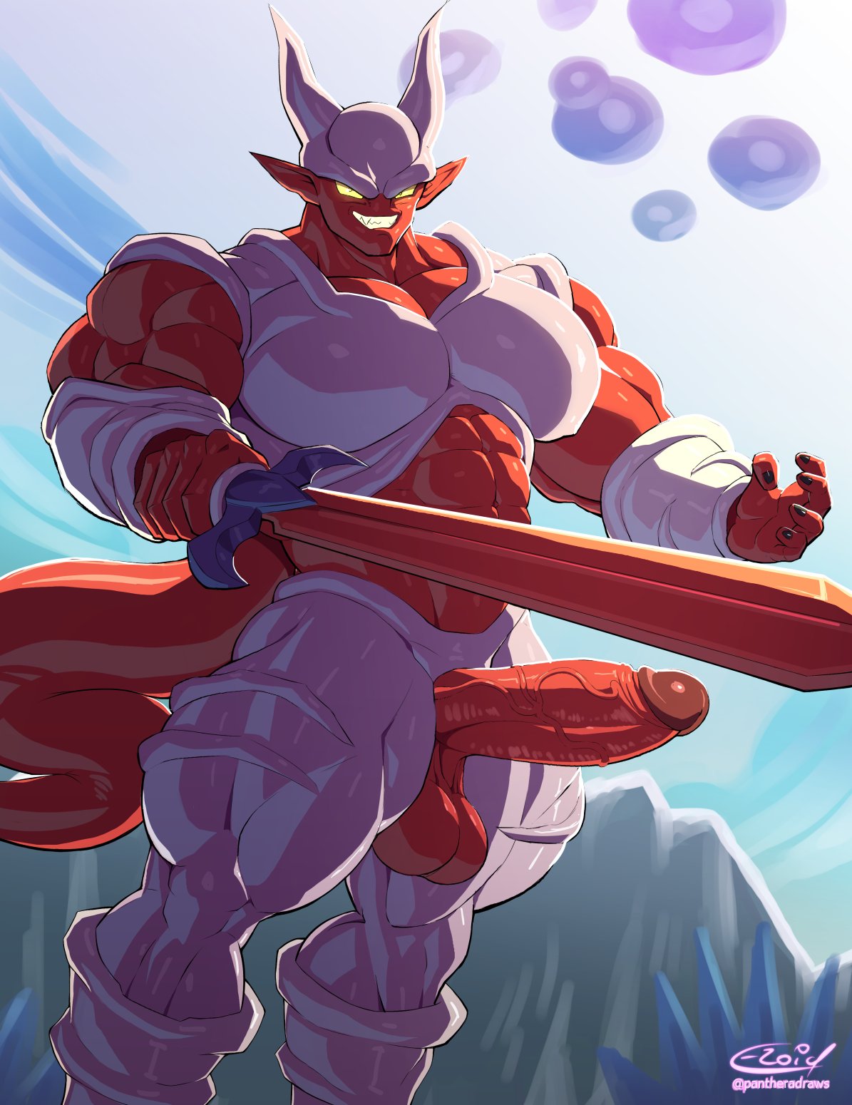 2021 abs armor balls big_muscles big_penis collaboration demon demon_humanoid dragon_ball dragon_ball_z e-zoid erection genitals hi_res horn humanoid humanoid_genitalia humanoid_penis humanoid_pointy_ears janemba looking_at_viewer male melee_weapon muscular muscular_humanoid muscular_male not_furry pecs penis quads red_body red_skin smile solo standing super_janemba sword sxfpantera thick_thighs unconvincing_armor weapon