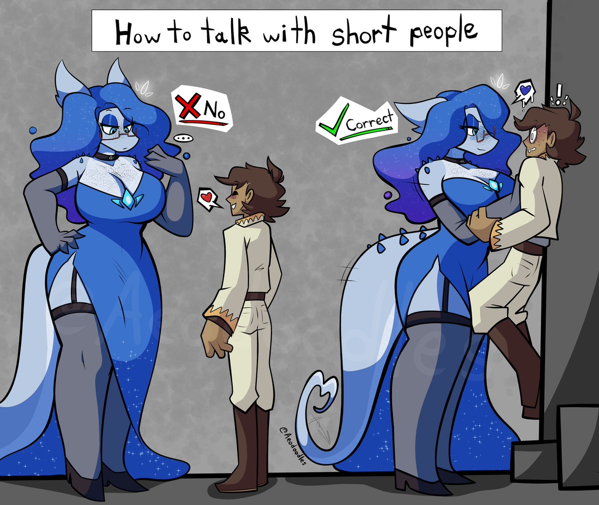 &lt;3 aeodoodles anthro big_breasts breasts classy cleavage clothed clothing domination dragon dress duo english_text female female_domination fishnet freckles high_heels how_to_talk_to_short_people human male male/female mammal meme smile sparkly_dress speech_bubble text