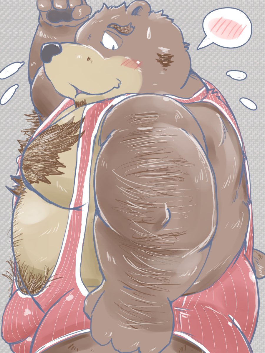 2021 3:4 anthro belly big_belly blush brown_body brown_fur bulge dain_4201 fur hairy hi_res humanoid_hands kemono male mammal moobs overweight overweight_male solo ursid wrestling_singlet