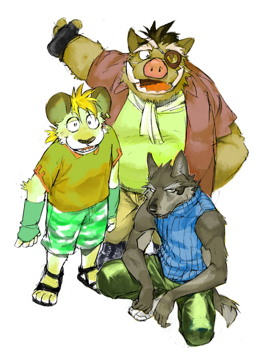 2007 anthro biped bottomwear brown_body brown_fur canid canine clothing daich eye_patch eyewear fur group inuya kemono male mammal overweight overweight_male pants shirt shorts simple_background suid suina sus_(pig) topwear white_background wild_boar