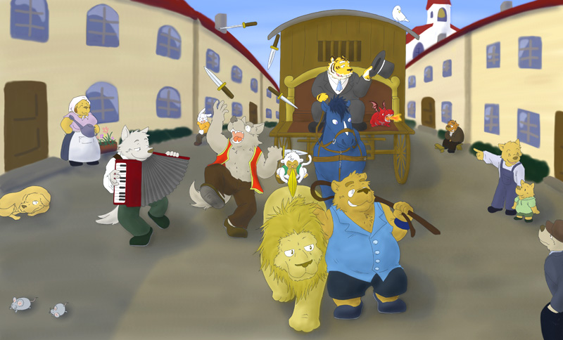 2006 anthro bottomwear brown_body brown_fur canid canine circus clothing detailed_background equid equine felid feral fur group horse kemono lion male mammal nanaki777 outside overweight overweight_male pantherine pants shirt sitting tiger topwear ursid
