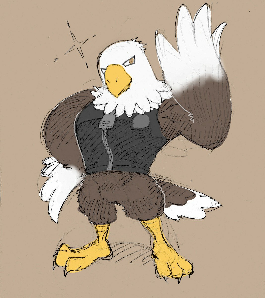 2017 3_toes accipitrid accipitriform animal_crossing anthro apollo_(animal_crossing) avian bald_eagle beak biped bird bottomless brown_background brown_eyes claws clothed clothing colored_sketch digital_media_(artwork) eagle feathered_wings feathers featureless_crotch feet full-length_portrait grey_body grey_feathers hi_res kijima222 looking_at_viewer male multicolored_body multicolored_feathers nintendo portrait raised_arm scutes sea_eagle simple_background solo sparkles standing tail_feathers talons toe_claws toes topwear vest video_games white_body white_feathers wings yellow_beak zipper