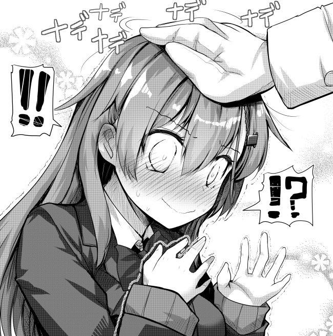 ! !! !? 1boy 1girl ai_takurou bangs blush bow bowtie breasts commentary_request duplicate gloves greyscale hair_between_eyes hairband jacket kantai_collection long_hair long_sleeves monochrome nervous_smile nose_blush petting school_uniform simple_background smile solo_focus suzuya_(kancolle) sweat upper_body