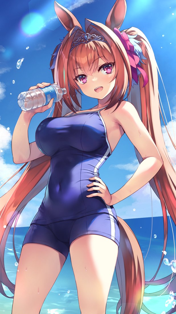 1girl animal_ears bangs bare_shoulders blue_swimsuit blush bottle breasts brown_hair commentary_request covered_navel daiwa_scarlet day eyebrows_visible_through_hair fingernails hair_ornament hair_ribbon hand_on_hip hand_up holding holding_bottle horse_ears horse_girl horse_tail large_breasts long_hair looking_at_viewer ocean open_mouth outdoors pink_eyes red_ribbon ribbon sidelocks sky solo standing swimsuit tail teeth tiara tomose_shunsaku twintails umamusume upper_teeth very_long_hair water