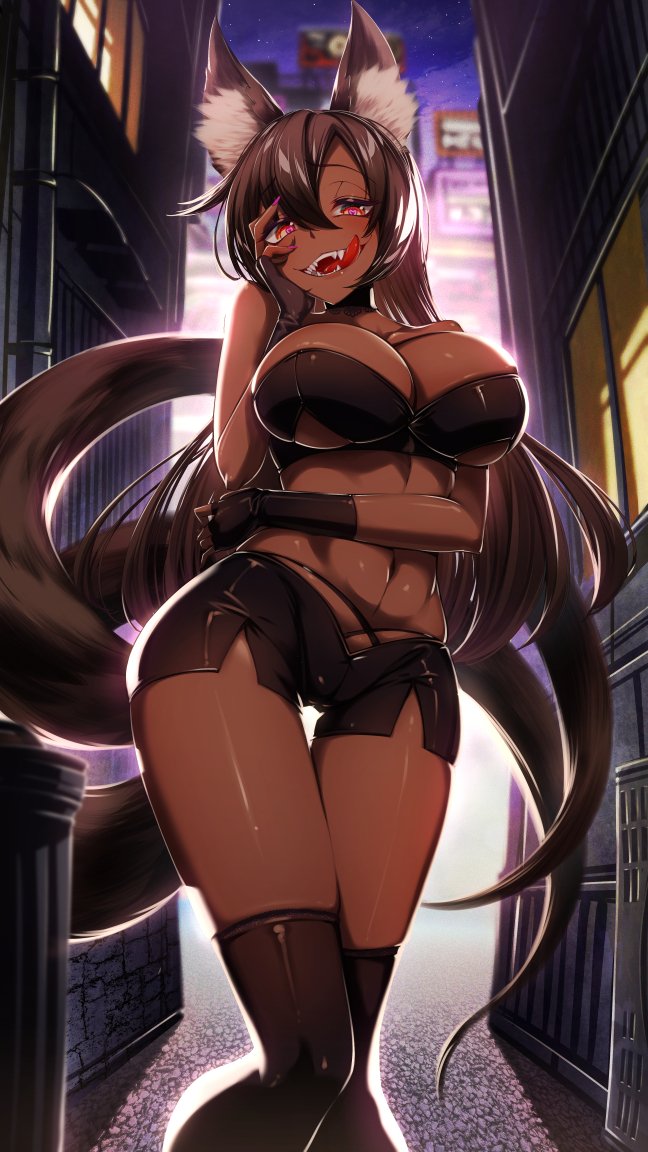 2_tails 9:16 animal_humanoid big_breasts biped boots bottomwear breasts brown_body brown_hair brown_skin building canid canid_humanoid canine canine_humanoid city cleavage clothed clothing cluseller dark_body dark_skin detailed_background fangs female fingerless_gloves footwear fox_humanoid front_view glistening glistening_body glistening_skin gloves hair handwear hotpants humanoid inner_ear_fluff licking licking_lips licking_own_lips light lighting long_hair looking_at_viewer low-angle_view mammal mammal_humanoid midriff minishorts monotone_hair multi_tail naughty_face navel night red_eyes self_lick sharp_teeth shorts skimpy solo teeth tongue tongue_out tuft yandere_trance
