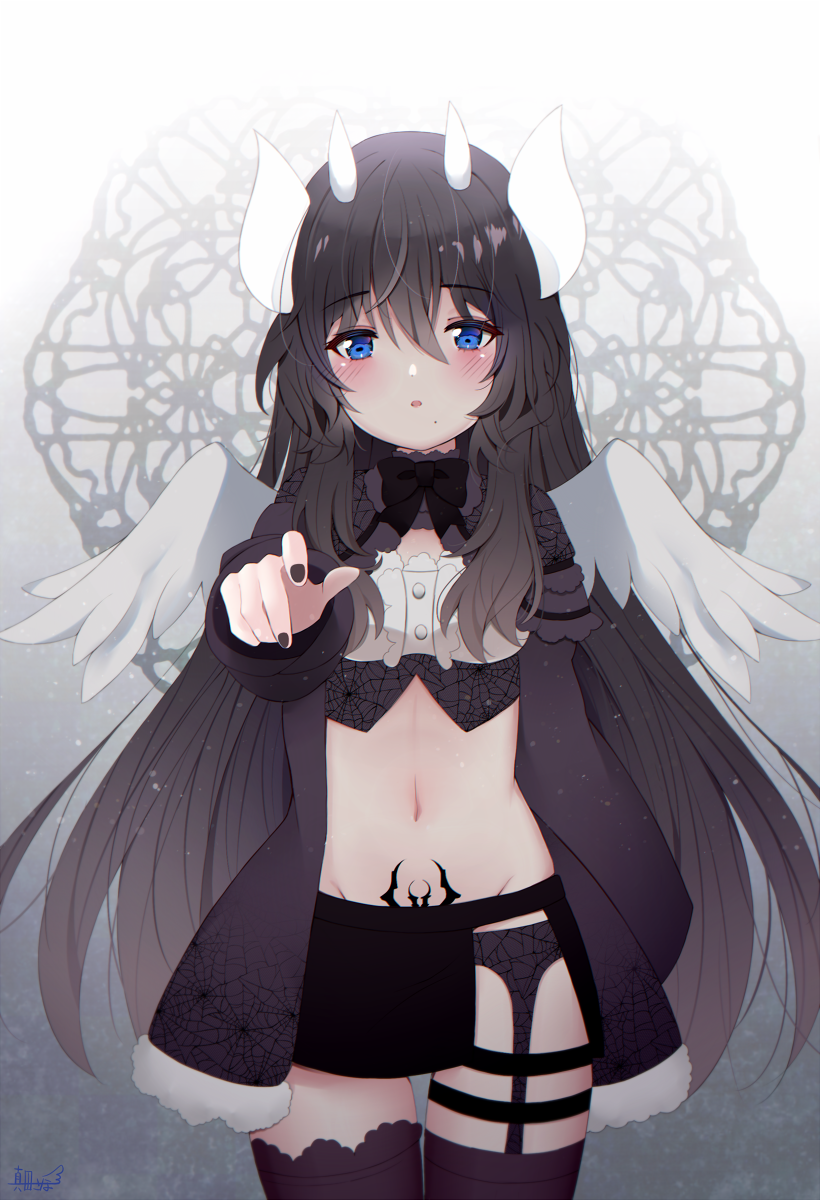1girl banned_artist black_coat black_hair black_legwear black_nails black_skirt blue_eyes breasts coat cowboy_shot crop_top feathered_wings garter_belt gradient_hair groin highres horns long_hair long_sleeves looking_at_viewer medium_breasts midriff miniskirt mole mole_under_mouth multicolored_hair nail_polish navel open_clothes open_coat original parted_lips pubic_tattoo sana_hamada side_slit skirt solo stomach tattoo thigh_strap thighhighs very_long_hair wings