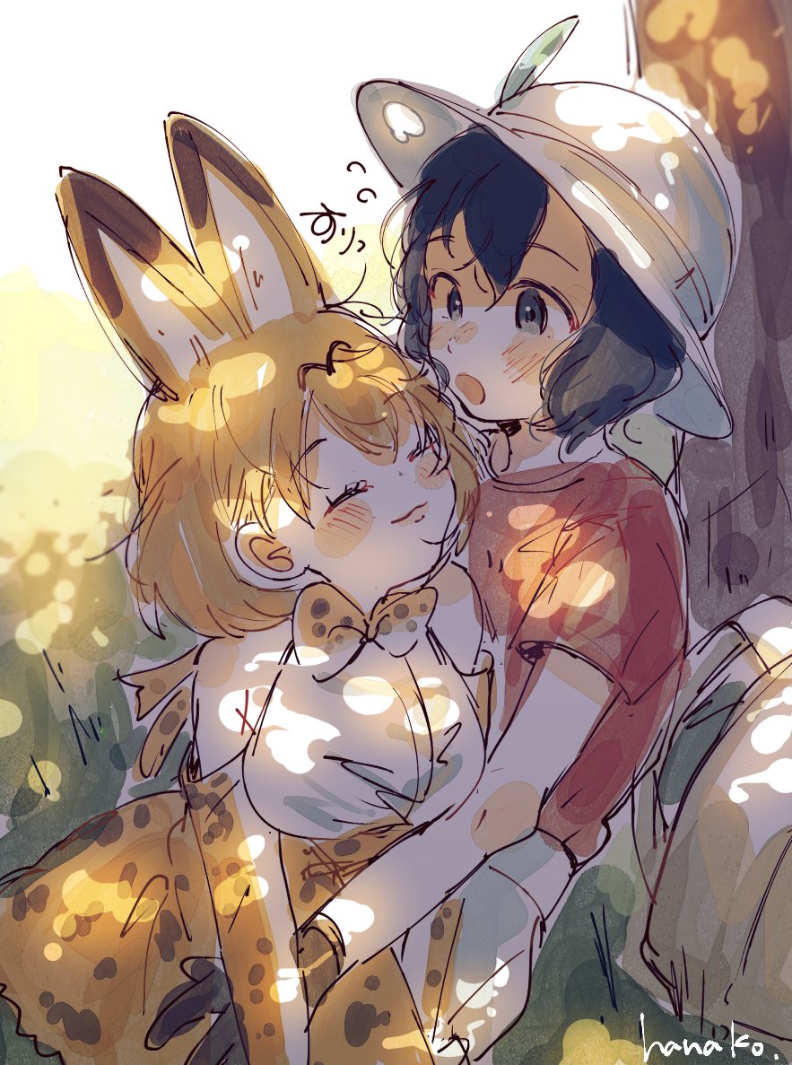 2girls animal_ears backpack bag bare_shoulders black_gloves black_hair blonde_hair blush bow bowtie closed_eyes elbow_gloves eyebrows_visible_through_hair gloves hanako151 hat_feather helmet high-waist_skirt hug kaban_(kemono_friends) kemono_friends multiple_girls open_mouth pith_helmet red_shirt serval_(kemono_friends) serval_ears serval_print shirt short_hair short_sleeves shorts signature sitting skirt sleeveless sleeveless_shirt smile sweatdrop tail yuri