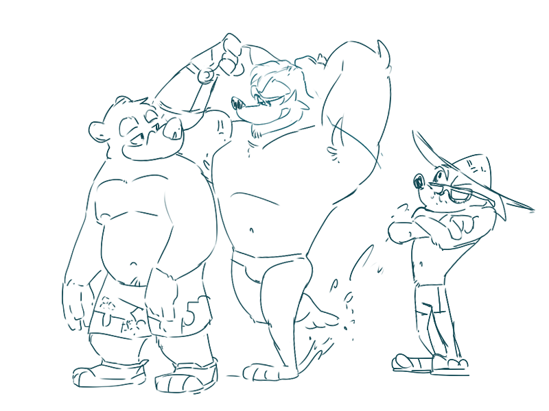 2021 activision angry anthro armpit_hair bandicoot banjo-kazooie banjo_(banjo-kazooie) belly biceps big_biceps body_hair bottomwear bulge clothed clothing crash_bandicoot crash_bandicoot_(series) crossed_arms crunch_bandicoot eclipsewolf eyewear facial_hair flexing flirting footwear goatee group hat head_tuft headgear headwear looking_at_another male mammal marsupial monochrome muscular navel prosthetic prosthetic_arm prosthetic_limb rareware sandals shorts simple_background size_difference sketch skimpy speedo standing straw_hat sunglasses swimwear topless tuft ursid video_games white_background
