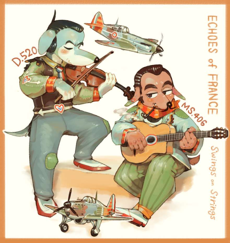 2017 aircraft airplane anthro biped blush bowed_string_instrument canid canine canis clothed clothing domestic_dog duo english_text eyes_closed fur guitar hair hideki_kaneda male mammal musical_instrument open_mouth plucked_string_instrument sitting smile smoking standing string_instrument text violin