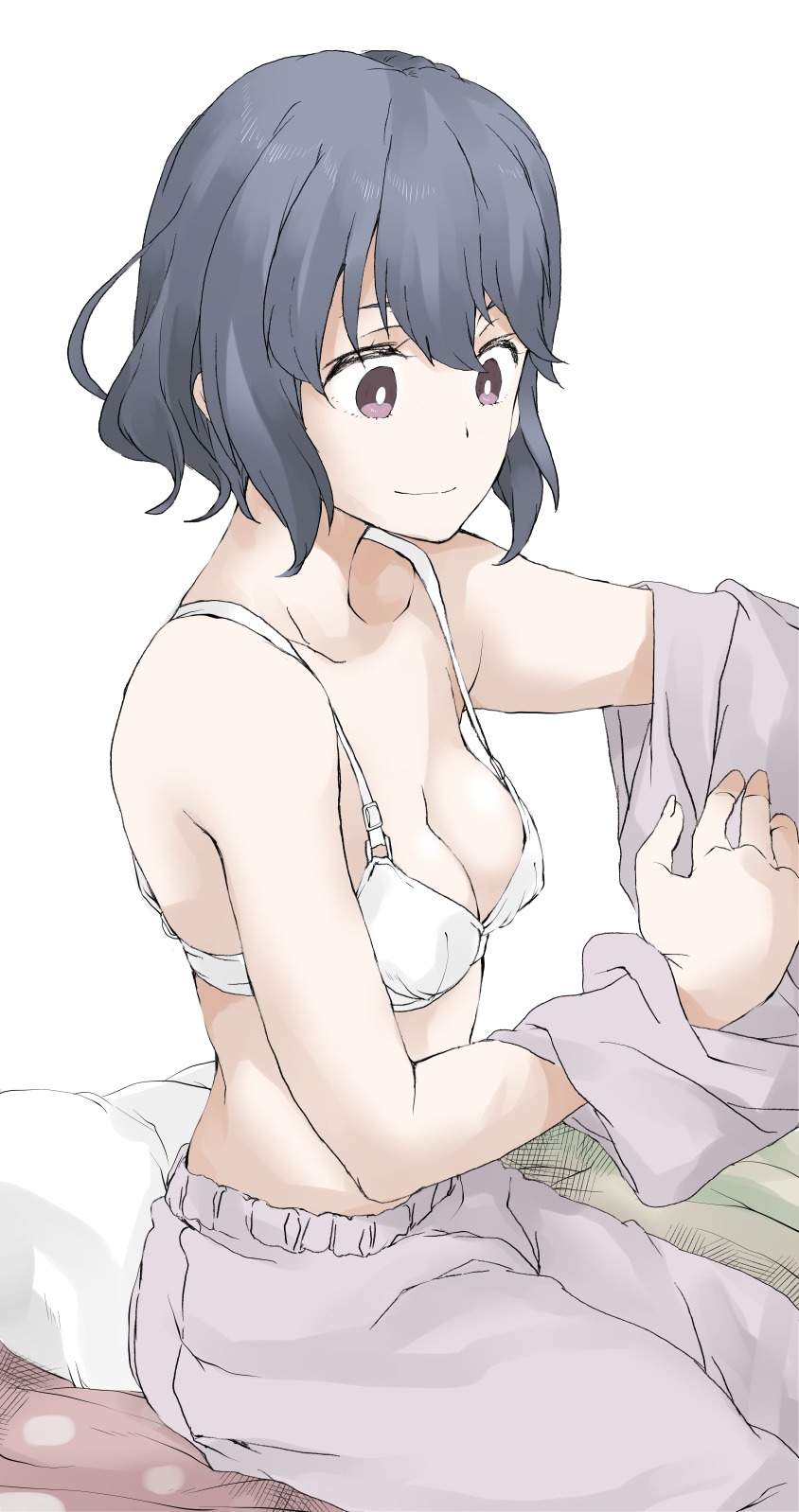 1girl bed bed_sheet blue_hair bra changing_clothes closed_mouth collarbone commentary_request dressing elf_(stroll_in_the_woods) highres mature messy_hair morning on_bed pajamas pajamas_pull pink_pajamas purple_eyes shima_saki sitting sitting_on_bed underwear white_background white_bra yurucamp