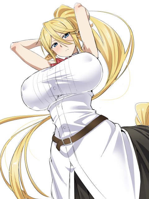 1girl animal_ears arms_up belt belt_buckle blonde_hair blue_eyes breasts buckle centaur centorea_shianus chikuishi closed_mouth commentary_request covered_nipples hair_between_eyes horse_ears huge_breasts light_blush long_hair looking_at_viewer monster_girl monster_musume_no_iru_nichijou ponytail red_neckwear shirt simple_background sleeveless sleeveless_shirt solo taur white_background