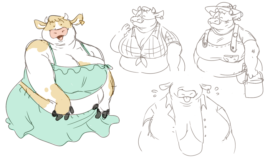 anthro bovid bovine breasts brown_body cattle clothed clothing female hat headgear headwear mammal obese overalls overweight solo sugarcave white_body