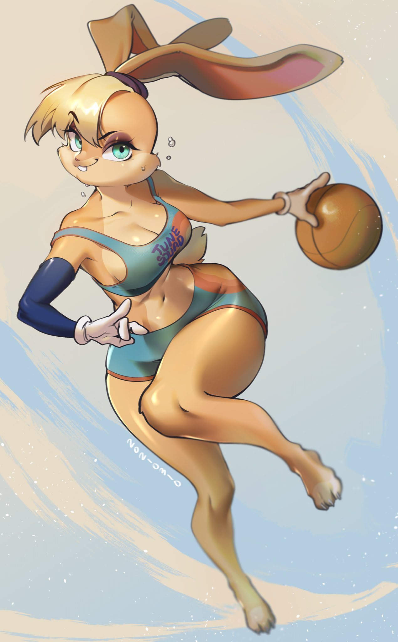 anthro ball basketball_(ball) big_breasts blonde_hair breasts cleavage clothed clothing female hair hi_res lagomorph leporid lola_bunny looney_tunes mammal rabbit solo warner_brothers yuio