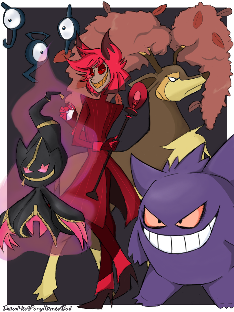 alastor_(hazbin_hotel) ambiguous_gender anthro banette black_hair cervid clothed clothing crossover demon drawmeaponynamedbob gengar group hair hazbin_hotel holding_object horn humanoid male mammal multicolored_hair nintendo open_mouth open_smile pok&eacute;mon pok&eacute;mon_(species) purple_body red_eyes red_hair simple_background smile two_tone_hair unown_(pok&eacute;mon) video_games