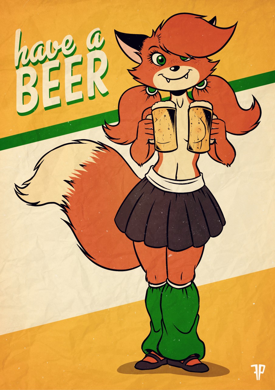 alcohol anthro beer beer_mug beverage black_bottomwear black_clothing black_skirt bottomwear breasts canid canine clothed clothing female footwear fox fox-pop green_eyes hi_res holding_object mammal nipples partially_clothed patty_foxy pigtails shoes skirt solo text topless