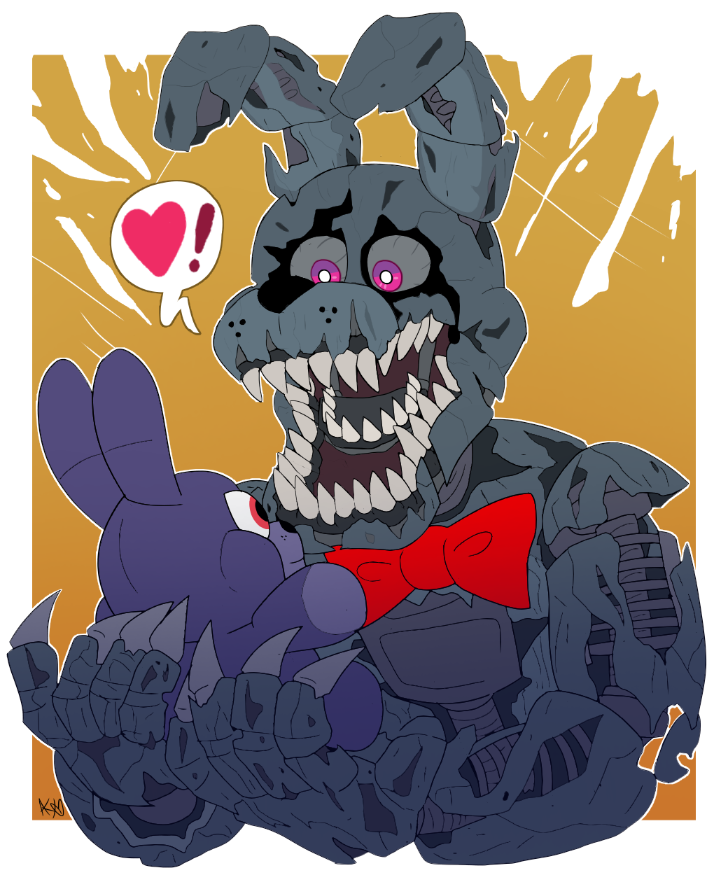 ! &lt;3 2018 :o animatronic anthro big_bow_tie big_mouth_(anatomy) big_teeth black_nose bonnie_(fnaf) border bow_tie claws endoskeleton exposed_endoskeleton five_nights_at_freddy's five_nights_at_freddy's_4 grey_body grey_ears grey_sclera happy hi_res holding_object holding_plushie holding_toy lagomorph leporid long_ears looking_down machine male mammal metal metallic metallic_body monster multicolored_ears nightmare_bonnie_(fnaf) notched_ear o_o oddly_cute open_mouth orange_background pink_eyes plush_bonnie_(fnaf) plushie portrait purple_body purple_ears rabbit raised_arm red_eyes robot sharp_claws sharp_teeth simple_background size_difference smile snazzamazing solo speech_bubble surprised_expression teeth torn_arm torn_body torn_face torn_hand toy two_tone_ears video_games white_border wide_eyed