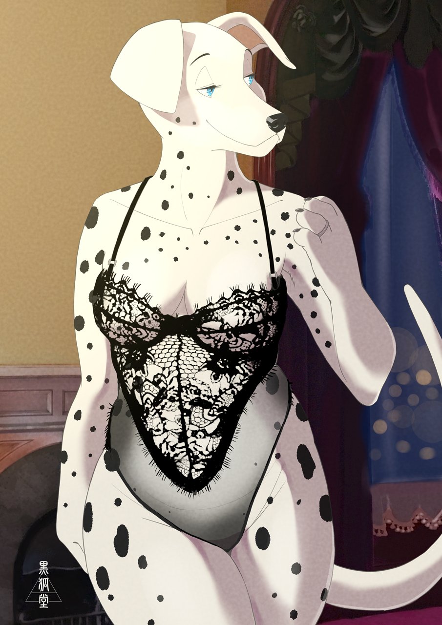 2021 5_fingers anthro bedroom bedroom_eyes black_clothing black_lingerie black_nose black_spots blue_eyes breasts canid canine canis cleavage clothed clothing dalmatian digit_ring domestic_dog female fingers floppy_ears fur handpaw hi_res jewelry lingerie looking_aside mammal narrowed_eyes paws portrait seductive signature smile solo spots spotted_body spotted_fur three-quarter_portrait ukabor white_body white_fur