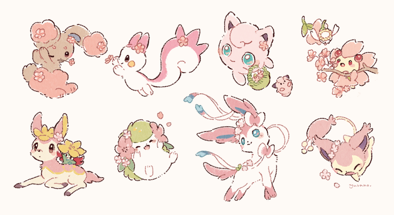 alternate_color basket blue_eyes blush buneary cherrim cherrim_(sunshine) cleffa closed_eyes closed_mouth deerling flabebe flower gen_1_pokemon gen_2_pokemon gen_3_pokemon gen_4_pokemon gen_5_pokemon gen_6_pokemon gen_8_pokemon gossifleur holding holding_flower jigglypuff looking_at_another looking_back mouth_hold mythical_pokemon no_humans pachirisu pokemon pokemon_(creature) shaymin shaymin_(land) shiny_pokemon signature skitty smile sylveon toes yurano_(upao) |d