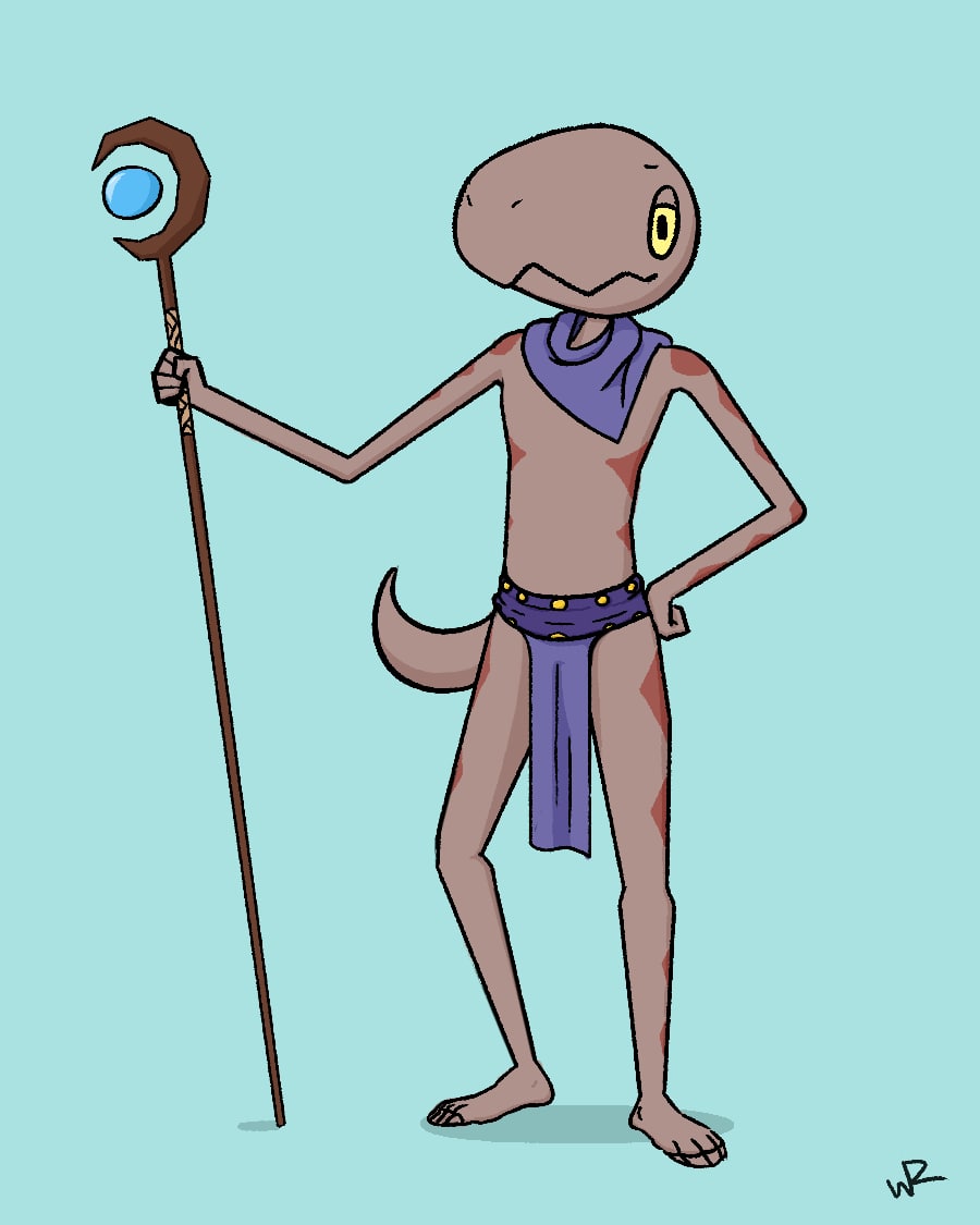 anthro argonian bethesda_softworks bottomwear clothed clothing lizard loincloth magic male pastel reptile scalie skimpy solo staff the_elder_scrolls toony tribal video_games wurzzie