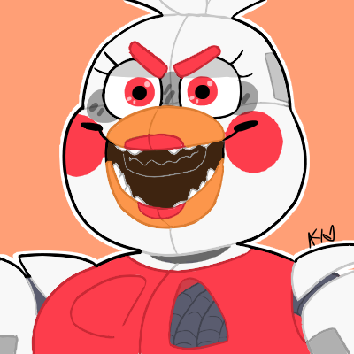 &gt;:d 2018 alternate_version_at_source animatronic anthro avian beak big_beak bird breasts chicken close-up eyebrows eyelashes female five_nights_at_freddy's freddy_fazbear's_pizzeria_simulator funtime_chica_(fnaf) galliform gallus_(genus) hair icon lipstick looking_away low_res machine makeup multicolored_body open_mouth orange_background orange_beak phasianid pink_body pink_eyebrows pink_eyes pink_lipstick portrait robot rosy_cheeks sharp_teeth short_hair simple_background smile snazzamazing solo teeth video_games white_body white_hair wire