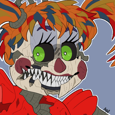 2018 alternate_version_at_source animatronic broken close-up clothed clothing clown endoskeleton exposed_endoskeleton eyelashes female five_nights_at_freddy's freddy_fazbear's_pizzeria_simulator green_eyes grey_background grey_body grey_hair hair humanoid icon lipstick long_hair looking_at_viewer low_res machine makeup metal metallic metallic_body multicolored_hair not_furry o_o orange_hair pigtails pink_lipstick pink_nose portrait red_hair robot rosy_cheeks scrap_baby_(fnaf) sharp_teeth simple_background smile snazzamazing solo teeth torn_body torn_face video_games wide_eyed wire