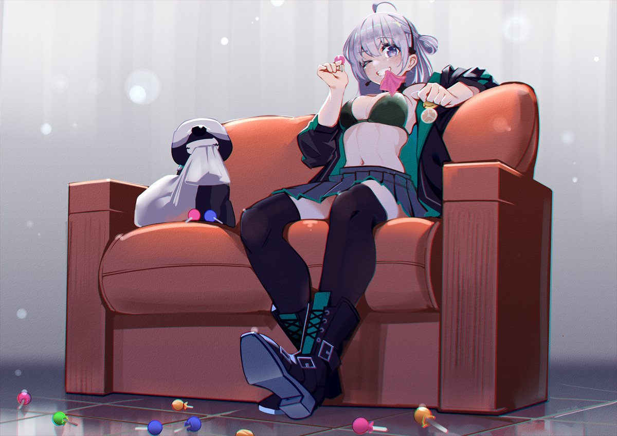 1girl ahoge animal bikini bikini_top black_footwear boots candy choker commentary_request couch food girls_frontline grey_eyes grey_hair grin holding holding_candy holding_food honey_badger honey_badger_(girls_frontline) jacket lollipop long_hair one_eye_closed pleated_skirt shoe_soles sitting skirt smile solo swimsuit thighhighs warashi