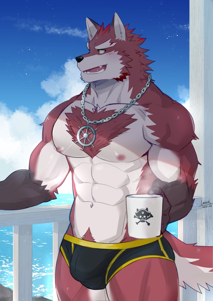 abs anthro bulge canid chang52084 chest_tuft day diederich_olsen_(knights_college) fur knights_college male mammal muscular muscular_anthro muscular_male nipples red_body red_fur shirtless shirtless_male smile solo teacher tuft video_games visual_novel