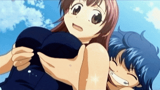 :o ^_^ amaenaideyo!! animated animated_gif atouda_yuuko blue_hair blush breast_grab breasts brown_eyes cleavage closed_eyes cloud day dutch_angle grabbing grin groping large_breasts long_hair lowres multiple_girls nanbu_chitose naughty_face one-piece_swimsuit open_mouth outdoors pink_hair school_swimsuit screencap short_hair sky smile splashing surprised swimsuit water yuri