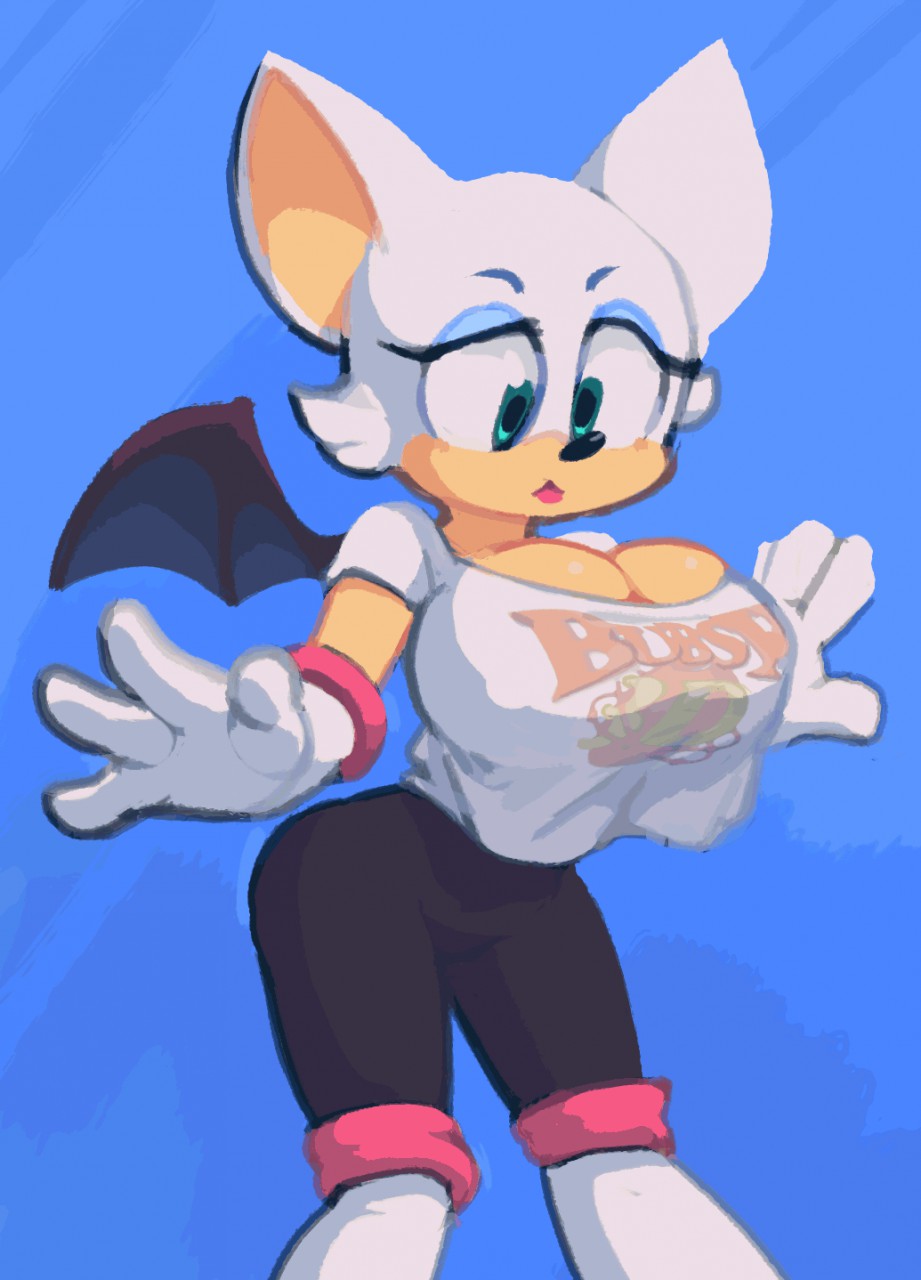 2019 anthro big_breasts blue_background breasts chiropteran clothing female gloves handwear hi_res mammal molaveda rouge_the_bat shirt simple_background solo sonic_the_hedgehog_(series) topwear wings