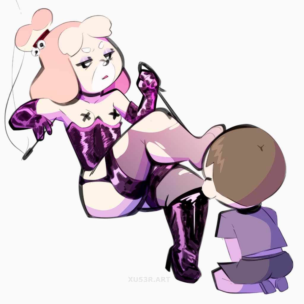 2021 animal_crossing anthro armwear bdsm breasts canid canine canis clothed clothing domestic_dog domination dominatrix duo elbow_gloves faceless_male female female_domination female_on_human garter_straps gloves handwear high_heels human human_on_anthro interspecies isabelle_(animal_crossing) kneeling leash leash_pull male male/female male_on_anthro mammal nintendo nipple_tape pasties shih_tzu smoking submissive submissive_male tape toy_dog video_games villager_(animal_crossing) xu53r
