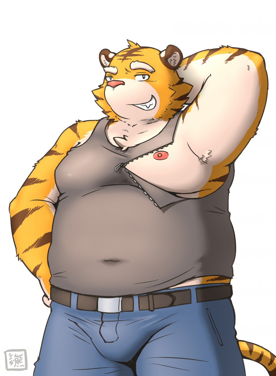 animal_humanoid anthro arm_stripes arm_tuft armpit_hair barazoku bared_teeth baring_teeth belt belt_buckle black_belt body_hair bottomwear brown_ears brown_stripes bulge cheek_tuft clothed clothing denim denim_clothing eyebrows facial_tuft felid felid_humanoid feline feline_humanoid fingers fur fur_tuft grey_belt grey_clothing grey_shirt grey_topwear hand_behind_head hand_on_head hand_on_hip happy hi_res humanoid jeans kemono looking_at_viewer male mammal mammal_humanoid meme meme_clothing moobs multicolored_arms multicolored_body multicolored_ears multicolored_fur multicolored_hands multicolored_tail nipple_outline nipple_slip nipple_zipper nipples overweight overweight_anthro overweight_male pantherine pantherine_humanoid panties pants pink_nipples pink_nose pockets shinoda_hamazaki shirt showing_teeth simple_background slightly_chubby smile snout solo striped_body striped_fur striped_tail stripes t-shirt teeth teeth_showing thick_eyebrows tiger tiger_humanoid top_tank_meme topwear tuft tufted_ears two_tone_body two_tone_ears two_tone_fur two_tone_tail underwear white_background white_eyebrows yellow_body yellow_fur yellow_tail zipper