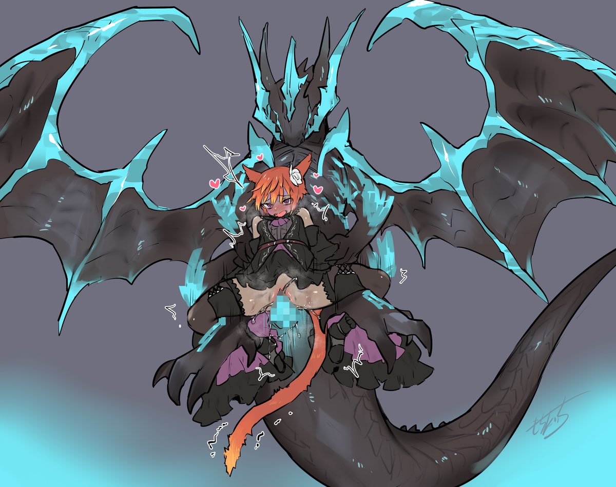 1girl animal_ears arm_grab bahamut_(final_fantasy) bare_shoulders belt bestiality black_dress blush boots cat_ears cat_tail censored claws clothed_female_nude_male clothed_sex dark_skin dark_skinned_female dragon dragon_horns dragon_tail dragon_wings dress facing_viewer final_fantasy final_fantasy_xiv floating_heart flower hair_flower hair_ornament heart horns miqo'te moaning mochitaichi mosaic_censoring no_panties nude open_mouth purple_eyes pussy_juice red_hair rose sex short_hair size_difference spoken_heart spread_legs tail thighhighs vaginal wings