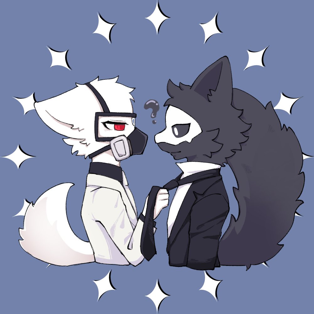 ? ambiguous_gender anthro black_body black_fur blue_background canid canine canis changed_(video_game) clothing dr._k_(changed) duo fchicken fur looking_at_another male male/male mammal mask necktie puro_(changed) red_eyes simple_background star suit tugging_clothing white_body white_eyes white_fur wolf