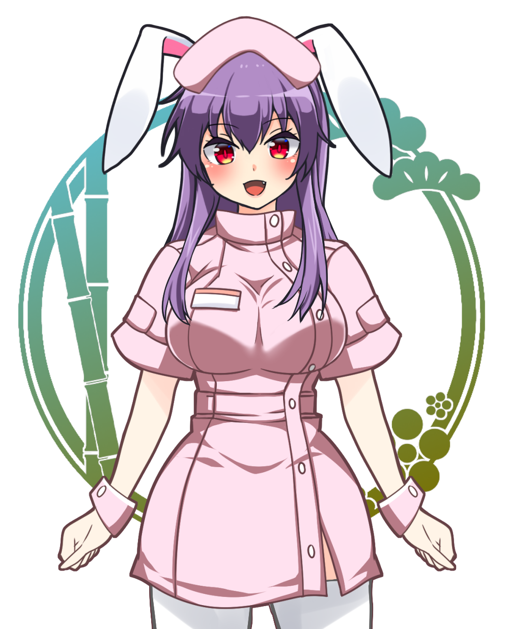 1girl animal_ears bamboo blush breasts bunny_ears eyebrows_visible_through_hair fang hat highres id_card large_breasts light_purple_hair long_hair looking_at_viewer nurse nurse_cap open_mouth purple_hair red_eyes reisen_udongein_inaba solo touhou very_long_hair white_legwear yagami_(mukage)