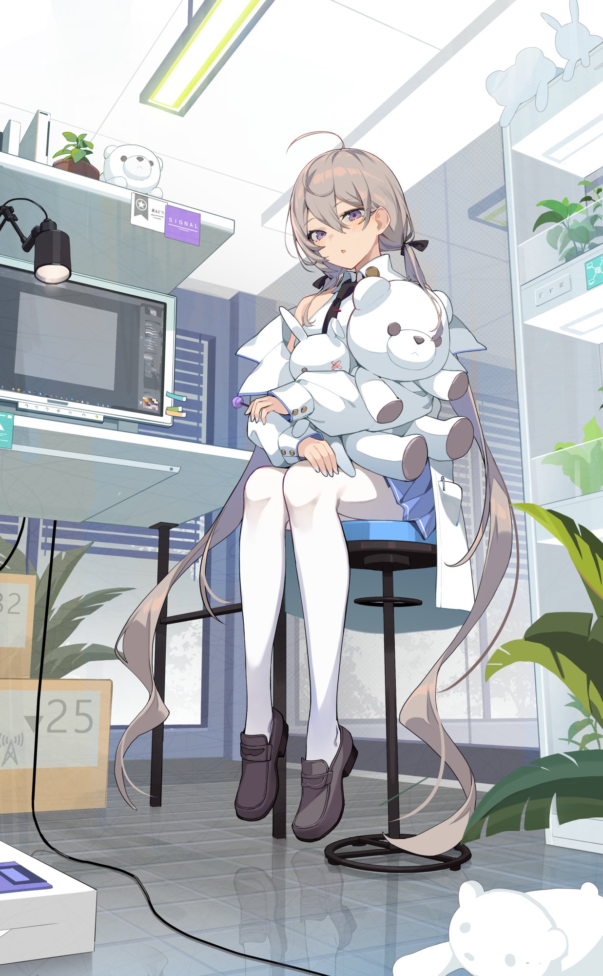1girl absurdly_long_hair ahoge bangs banned_artist blue_skirt chair grey_eyes grey_hair hair_between_eyes hair_ribbon highres holding holding_stuffed_toy icomochi indoors jacket loafers long_hair long_sleeves looking_at_viewer low_twintails off_shoulder office_chair original pantyhose plant pleated_skirt purple_eyes ribbon shirt shoes sitting skirt sleeves_past_wrists solo stuffed_animal stuffed_toy teddy_bear twintails very_long_hair white_jacket white_legwear