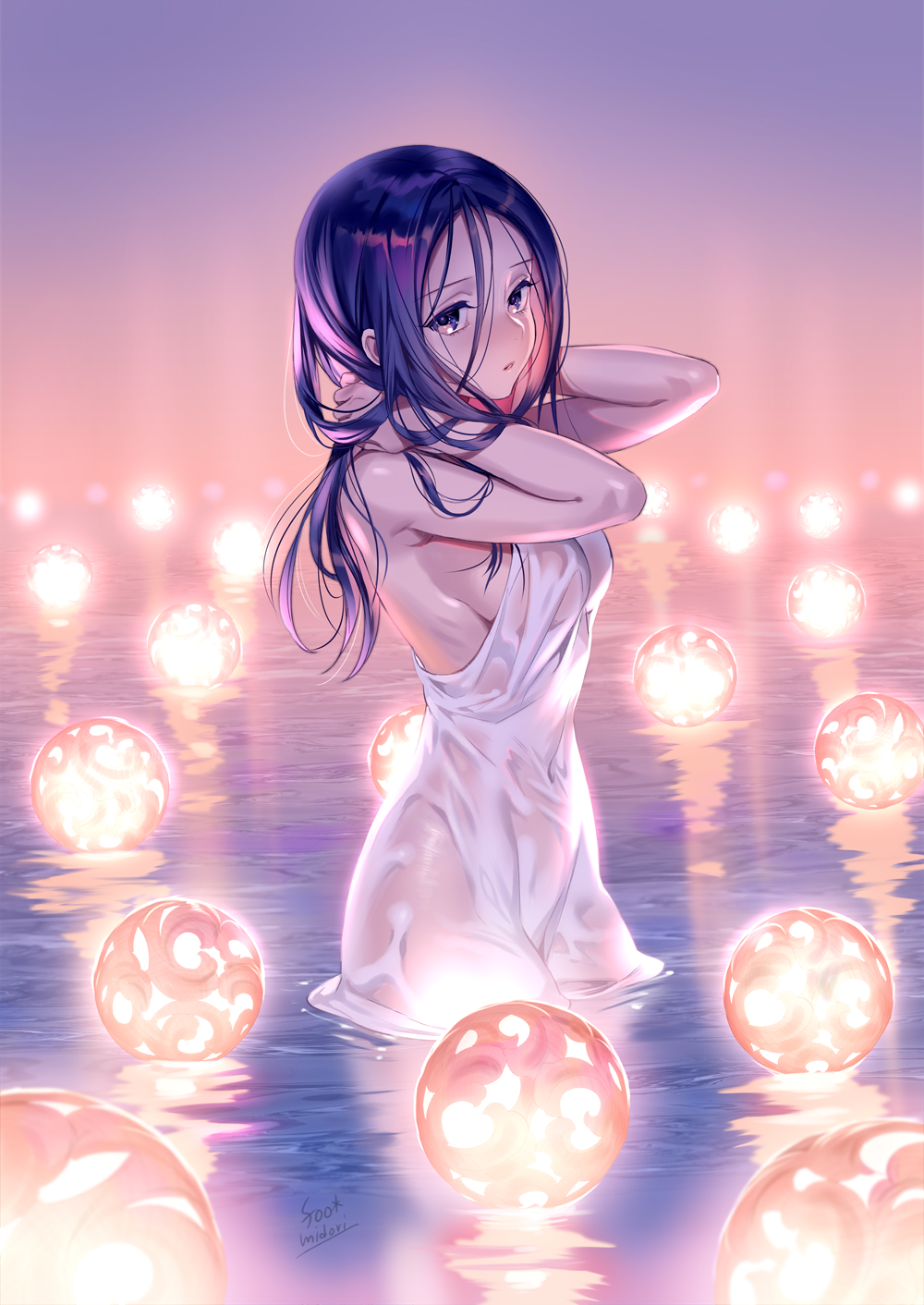 1girl armpits arms_up artist_name banned_artist breasts covered_navel dress from_side hair_between_eyes hands_in_hair highres lantern long_hair looking_at_viewer looking_to_the_side medium_breasts midori_fuu original parted_lips purple_eyes purple_hair see-through sideboob signature sleeveless sleeveless_dress wading water wet wet_clothes wet_dress white_dress