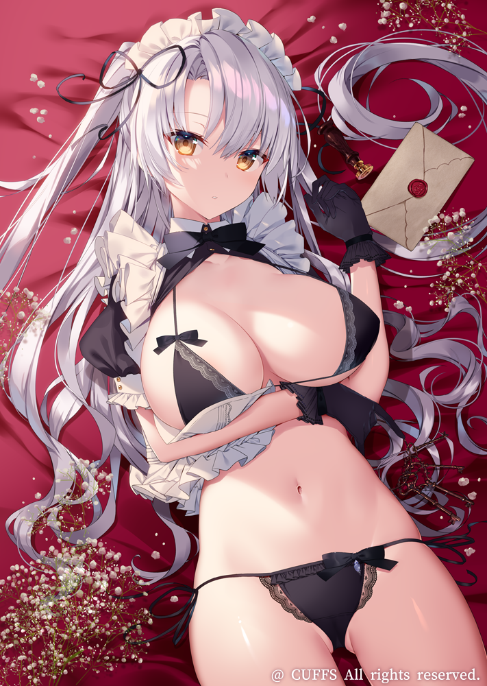 arm_under_breasts ass_visible_through_thighs bangs banned_artist bikini black_gloves breasts cleavage collarbone commentary_request covered_nipples cowboy_shot dot_nose envelope frilled_bikini frilled_gloves frilled_shirt frilled_sleeves frills from_above gloves grey_hair huge_breasts looking_at_viewer lying maid maid_headdress navel on_back original parted_bangs puffy_short_sleeves puffy_sleeves shirt shirt_lift short_sleeves stamp stomach swimsuit thighs two_side_up watermark yellow_eyes yusano