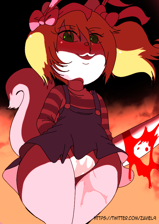 accessory anthro blood bodily_fluids clothing conker's_bad_fur_day female fire_background green_eyes hair_accessory hair_ribbon knife little_girl_(conker's_bad_fur_day) mammal panties pigtails rareware ribbons rodent sciurid smile solo underwear video_games white_panties zaviel