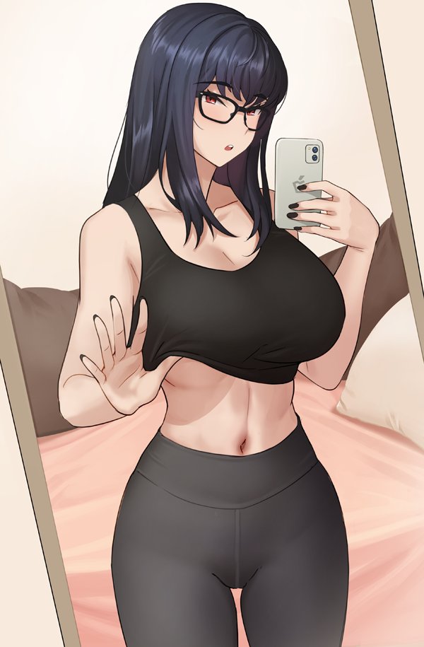 1girl banned_artist bare_shoulders bed bed_sheet black_hair black_legwear black_nails blush breasts cleavage collarbone crop_top eyebrows_visible_through_hair glasses holding holding_phone kkamja midriff mirror nail_polish navel open_mouth original phone pillow red_eyes shirt_lift